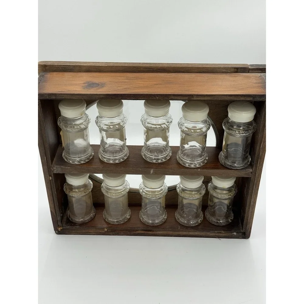 Antique‎ Wood Spice Cabinet Rack w/ 10 Glass Jars & Lids